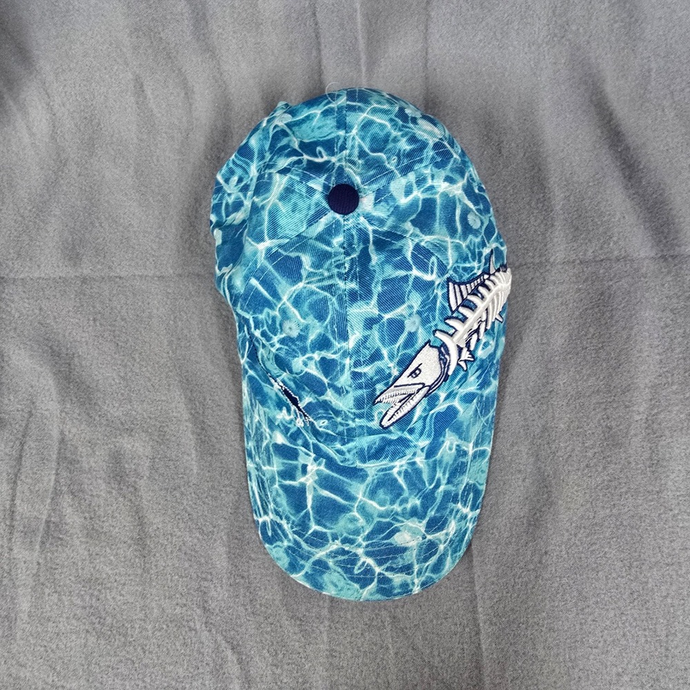 Get Reel Get Fish Blue Water Ripple Print Fish Skeleton Baseball Hat OSFM - Picture 2 of 9